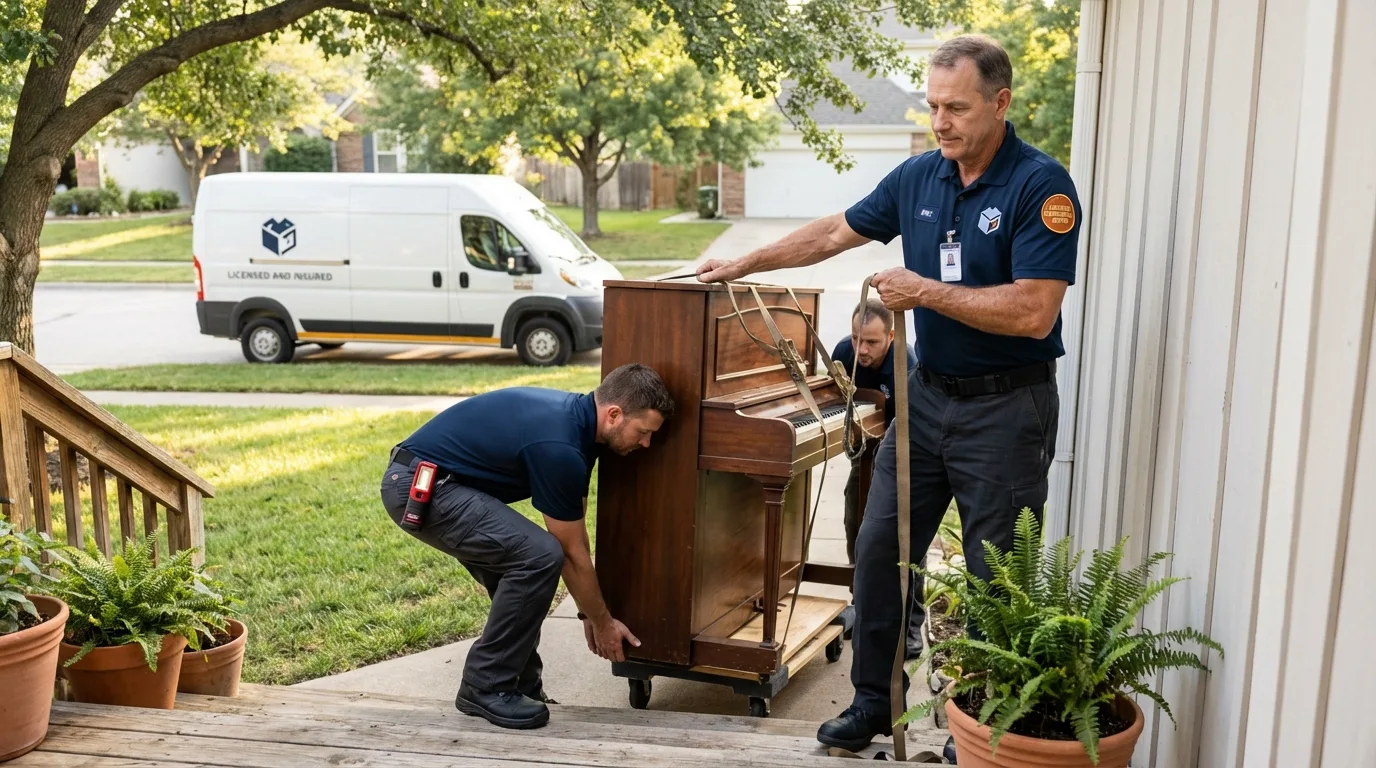 Licensed piano movers securing grand piano in Chinook, MT