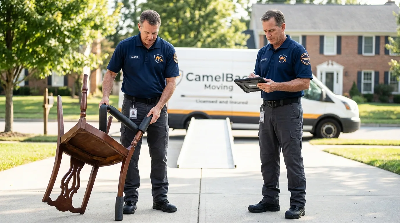 Movers inspecting furniture for damage prevention before loading in Chinook, MT